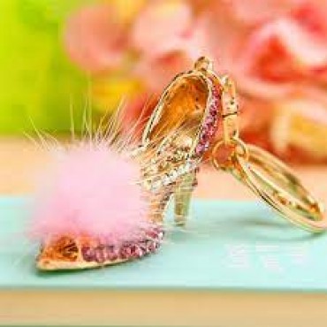 Pink Fur Ball w/Rhinestone High Heel Shoes Keychain 